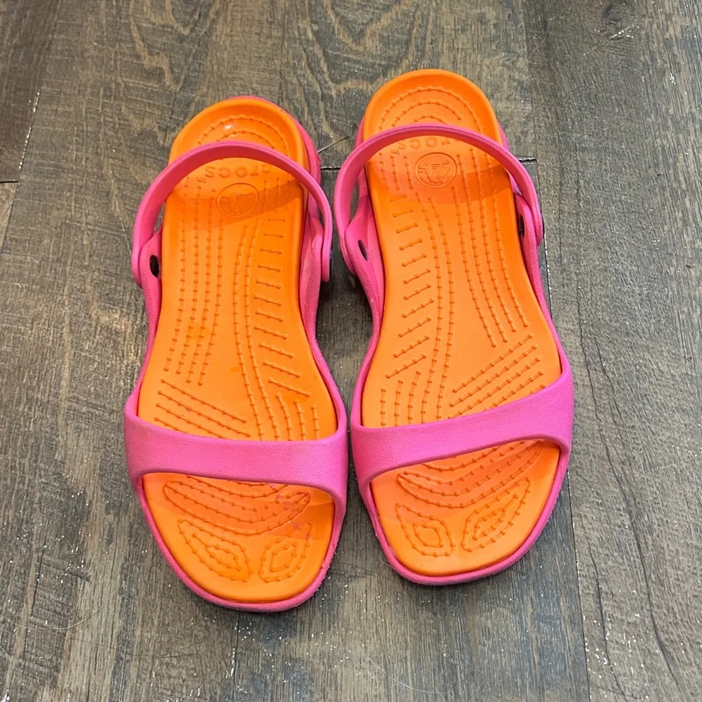 Crocs Cleo‎ Sandals Two Strap Slip On Slides Flipflop Sandals Women's Sz 11 Pink - Picture 3 of 7